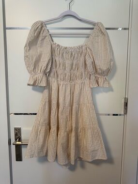 Beige and White Striped Puff-Sleeve Dress - Women